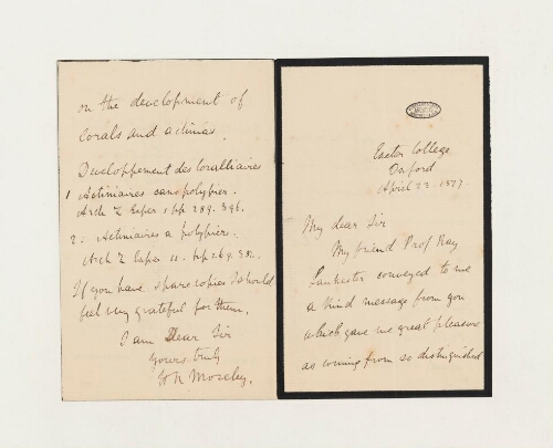 Correspondance de Henry Nottidge Moseley et Henri de Lacaze-Duthiers