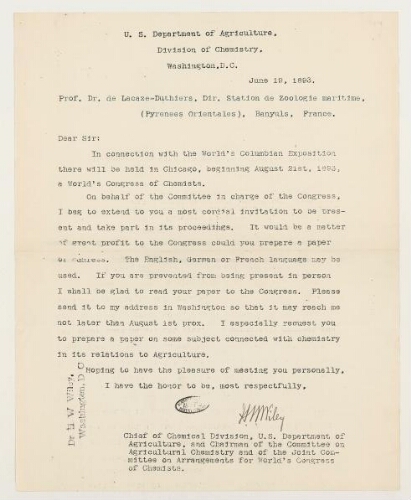 Correspondance des Congrès des zoologistes et des chimistes l'Exposition universelle de 1893 et Henri de Lacaze-Duthiers