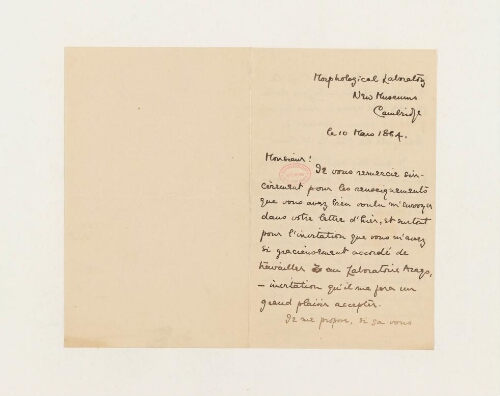Correspondance de Walter Frank Raphael Weldon et Henri de Lacaze-Duthiers