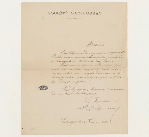 Correspondance de la Société Gay-Lussac et Henri de Lacaze-Duthiers