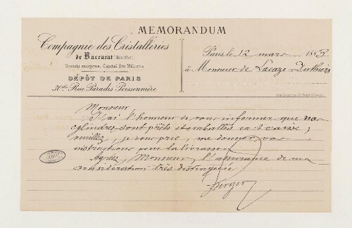 Correspondance de la Compagnie des cristalleries de Bacarat et Henri de Lacaze-Duthiers