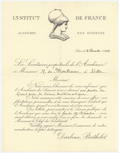 Correspondance de l'Académie des sciences à Robert de Montessus de Ballore