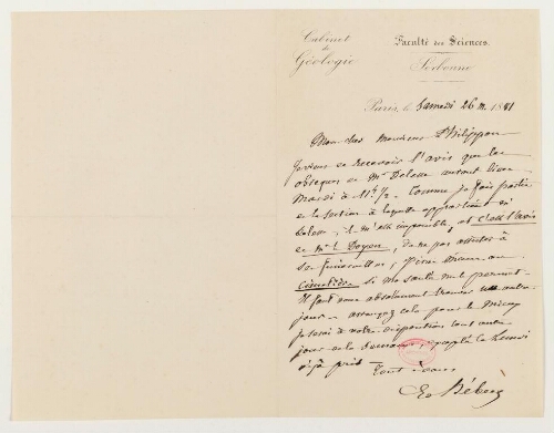 Correspondance d'Edmont Hébert et Henri de Lacaze-Duthiers