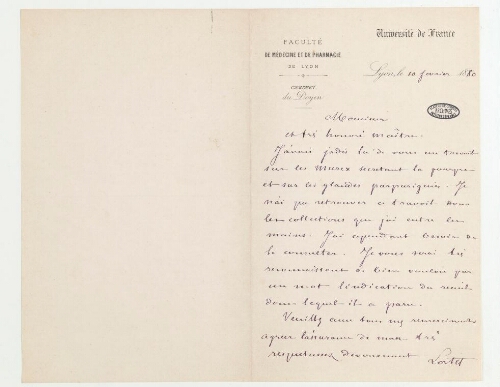 Correspondance de Louis Charles Émile Lortet et Henri de Lacaze-Duthiers