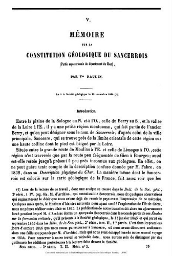 Mémoire sur la constitution géologique du Sancerrois (Partie septentrionale du département du Cher)