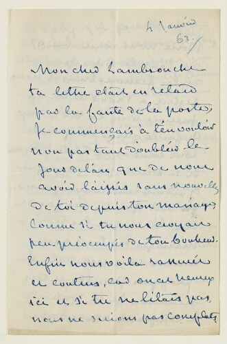 Lettre du 4 janvier 1863 de George Sand à Eugène Lambert