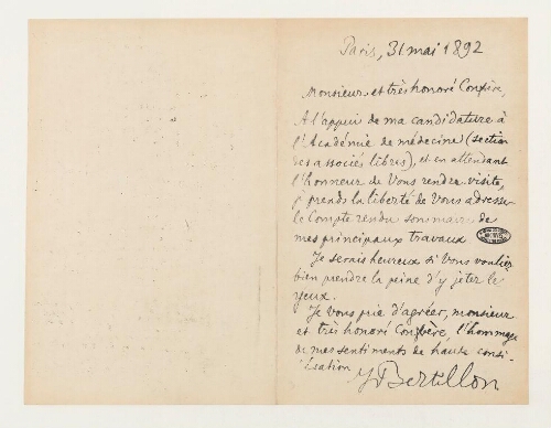 Correspondance de Jacques Bertillon et Henri de Lacaze-Duthiers