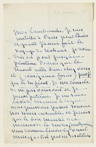 Lettre du 22 novembre 1865 de George Sand à Eugène Lambert
