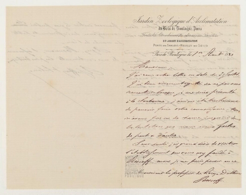Correspondance d'Albert Geoffroy Saint Hilaire et Henri de Lacaze-Duthiers