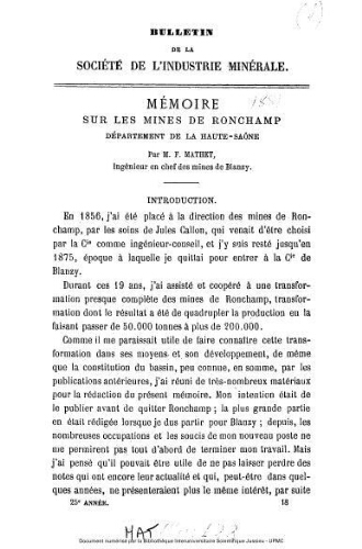 Mémoire sur les mines de Ronchamp, département de la Haute-Saône