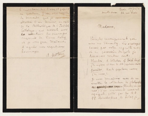 Correspondance reçue par Mme Aubry de la part d'Amédée Gastoué concernant la succession, 17 décembre 1911.