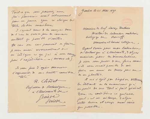 Correspondance de Robert Chodat et Henri de Lacaze-Duthiers