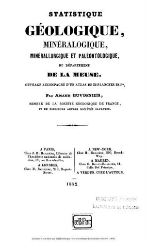 Statistique géologique, minéralogique, minéralurgique et paléontologique, du département de la Meuse : ouvrage accompagné d'un atlas de 32 planches