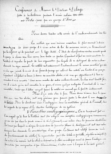 Conférences de Monsieur le Docteur Delage faites à la Sorbonne pendant l'année scolaire 1881-1882 - Notes prises par un groupe d'élèves