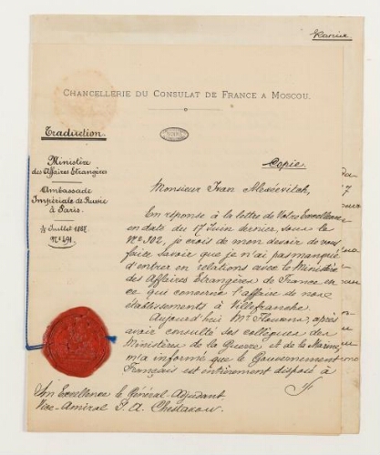 Correspondance du Consulat de France à Moscou et Henri de Lacaze-Duthiers