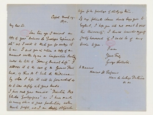 Correspondance de George Rolleston et Henri de Lacaze-Duthiers