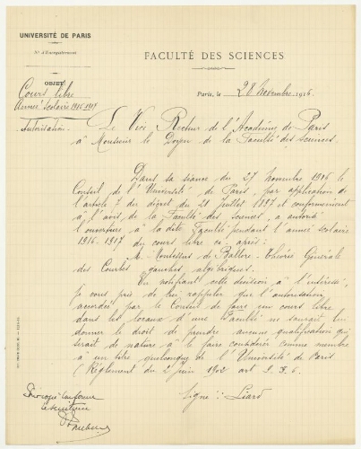 Correspondance de la Faculté des sciences de Paris à Robert de Montessus de Ballore