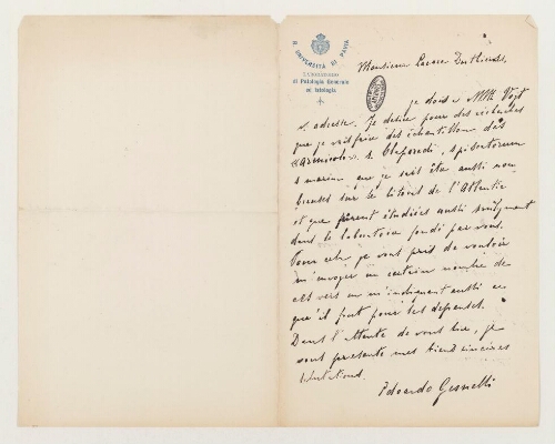 Correspondance d'Eduardo Gesmelli et Henri de Lacaze-Duthiers