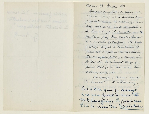 Lettre du 22 juillet 1863 de George Sand à Eugène Lambert