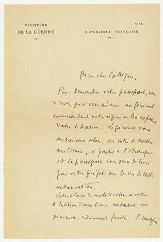 Correspondance du Ministère de la Guerre à Robert de Montessus de Ballore