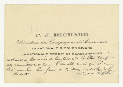 Correspondance de P.J. Richard à Robert de Montessus de Ballore