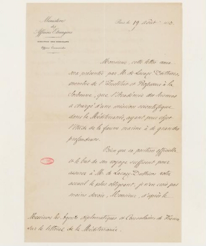 Correspondance du Ministère des Affaires étrangères et Henri de Lacaze-Duthiers