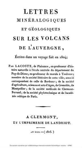Lettres minéralogiques et géologiques sur les volcans de l'Auvergne écrites dans un voyage fait en 1804