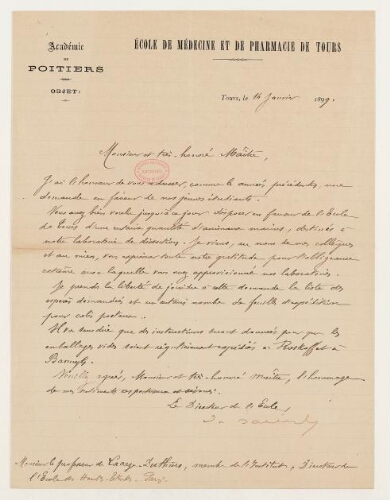 Correspondance de l'École de médecine et de pharmacie de Tours et Henri de Lacaze-Duthiers