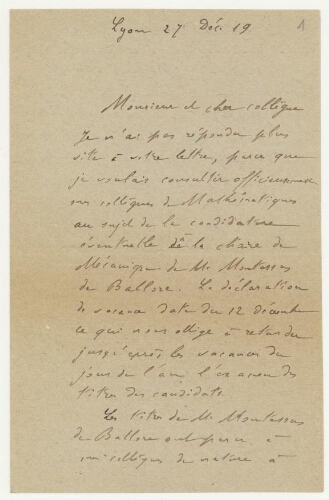 Correspondance de Charles Depéret à Robert de Montessus de Ballore