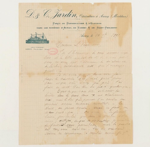 Correspondance de D. Jardin - ostréiculteur à Auray, et Henri de Lacaze-Duthiers
