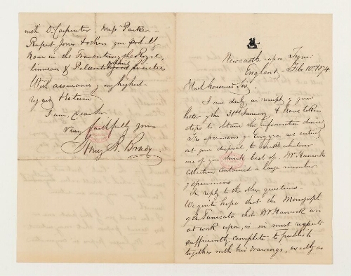 Correspondance de Henry Bowman Brady et Henri de Lacaze-Duthiers