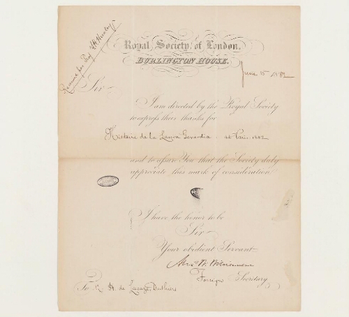 Correspondance de la Royal society of London et Henri de Lacaze-Duthiers