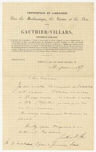 Correspondance de Gauthier-Villars à Robert de Montessus de Ballore