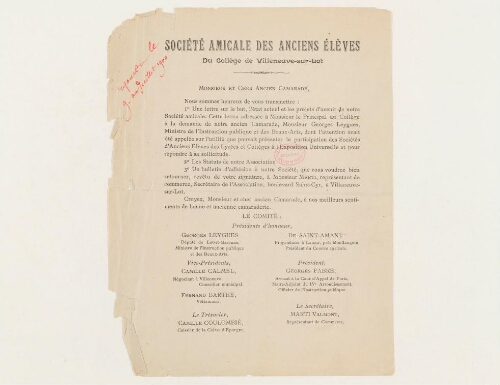 Correspondance de la Société amicale des anciens élèves du Collège de Villeneuve-sur-Lot et Henri de Lacaze-Duthiers