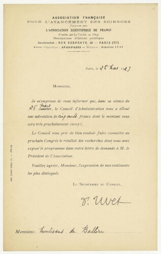 Correspondance de l'Association française pour l'avancement des sciences à Robert de Montessus de Ballore