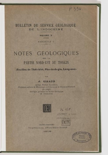 Notes géologiques sur la partie nord-est du Tonkin : feuilles de Thât-Khé, Pho-binh-gia, Lang-so