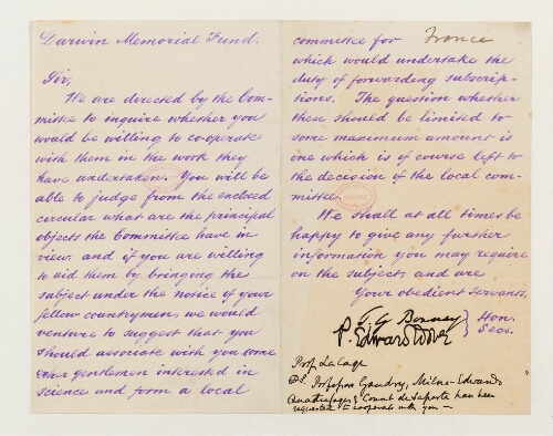 Correspondance de Darwin memorial fundation et Henri de Lacaze-Duthiers