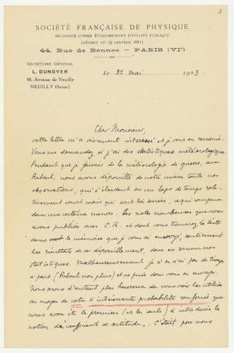 Correspondance de Louis Dunoyer à Robert de Montessus de Ballore