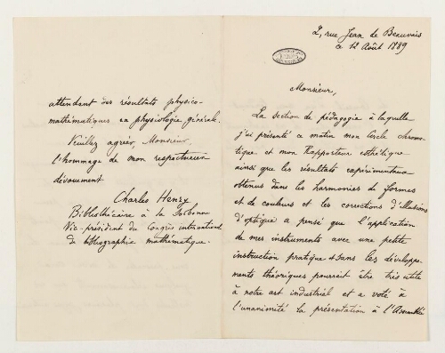 Correspondance de Charles Henry et Henri de Lacaze-Duthiers