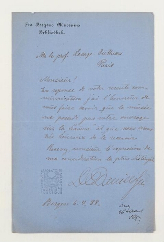 Correspondance du Bergens Muséum et Henri de Lacaze-Duthiers