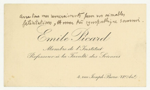 Correspondance d'Emile Picard à Robert de Montessus de Ballore