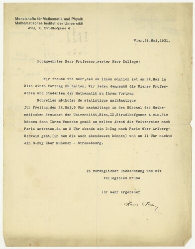 Correspondance de W. Wirtinger à Robert de Montessus de Ballore