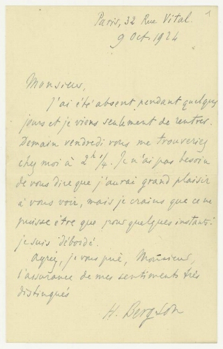 Correspondance d'Henri Bergson à Robert de Montessus de Ballore