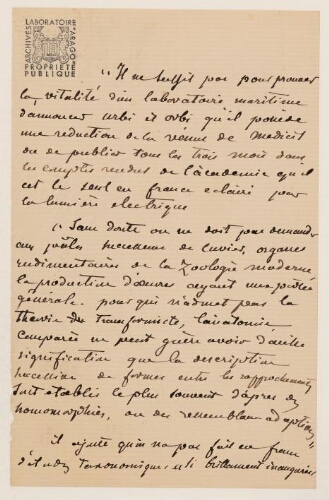 Succès d'un laboratoire maritime et avancée des élèves de Lacaze-Duthiers : notes et extraits manuscrits.