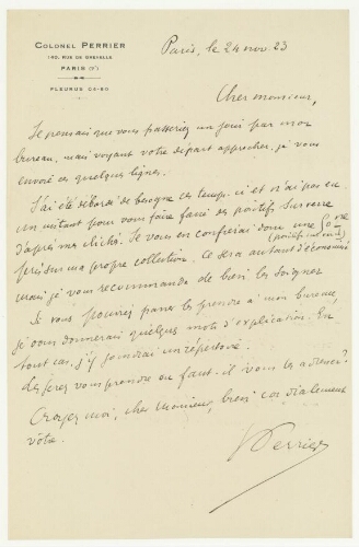 Correspondance du Colonel Georges Perrier à Robert de Montessus de Ballore