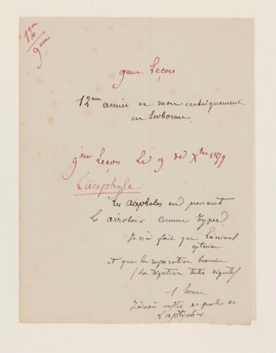 9ème leçon, 12ème année d'enseignement en Sorbonne, 9 décembre 1879 - Les Acéphales en prenant les arrosoirs comme type.