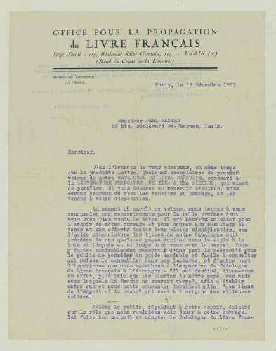 Correspondance reçue par Paul Hazard en 1921. Lettre de l'Office pour la propagation du livre français.