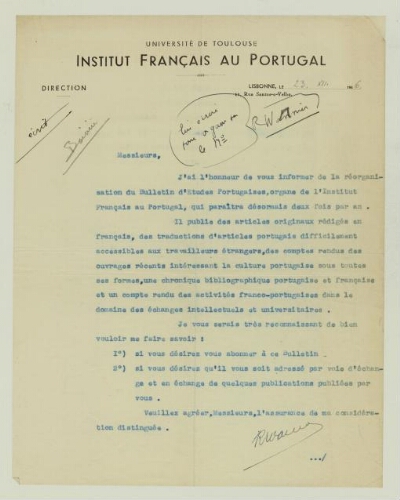 Revue de littérature comparée. Le numéro portugais, publication : correspondance, manuscrit.