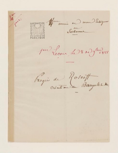 1ère leçon, 14ème année d'enseignement en Sorbonne, 8 novembre 1881 - Progrès de Roscoff, création de Banyuls-sur-Mer.