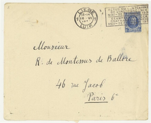 Correspondance de L. Bendersky à Robert de Montessus de Ballore